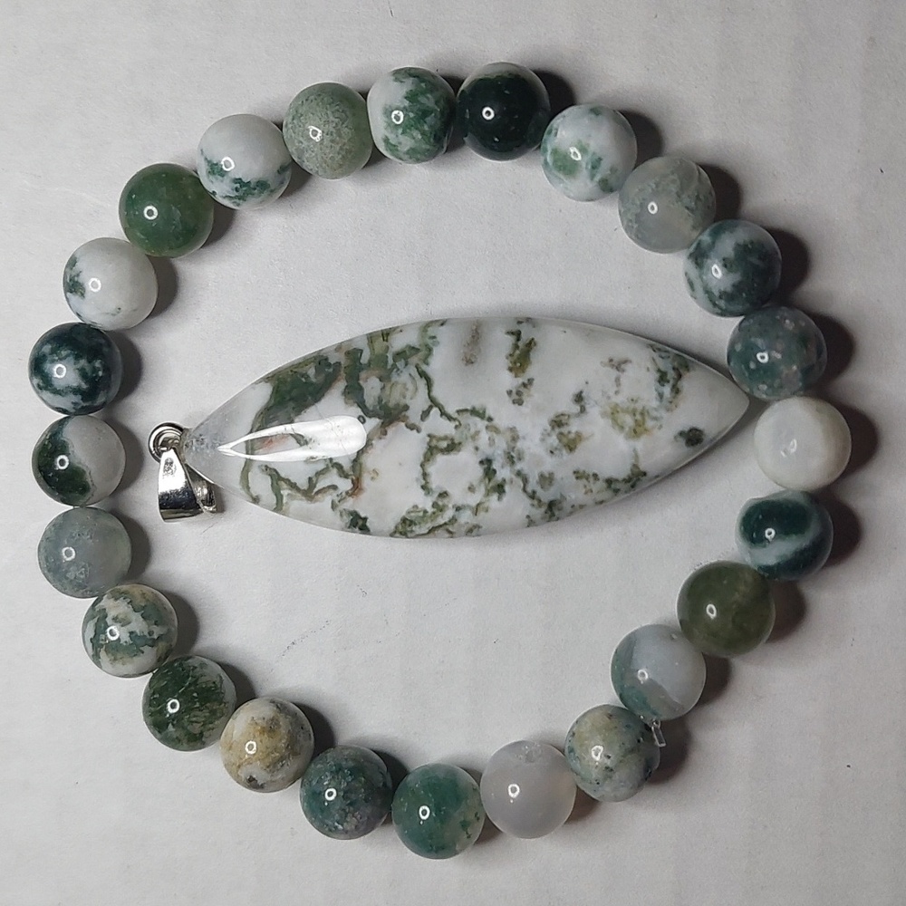 Tree Agate Stone Pendant And Tree Agate Stone 8mm… - image 1